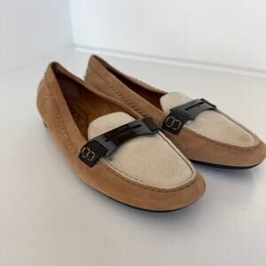 TOD’S Suede Driving Loafers Tan Cream Contrast Moc Toe Flats Women 8 Italian